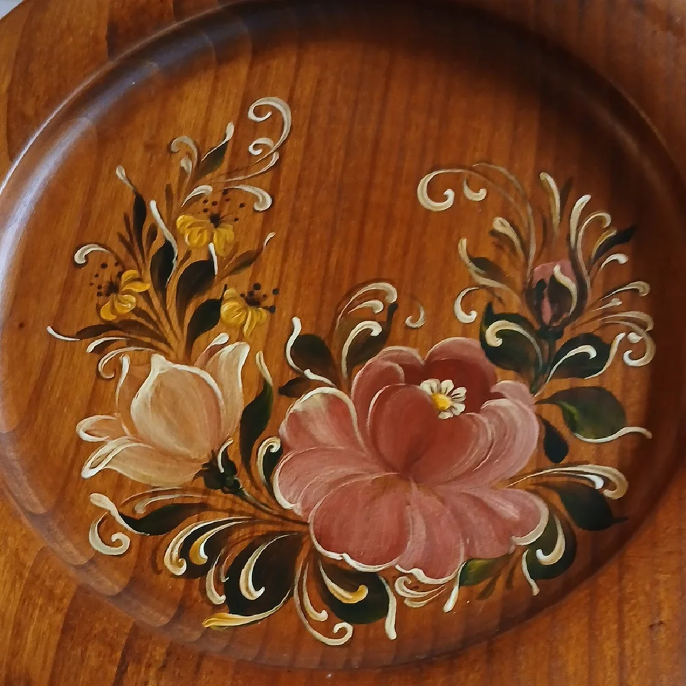 Vintage German Hand-painted Floral Wooden Plate
